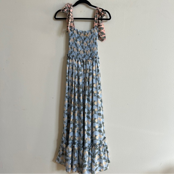 Palmacea Floral Smocked Bow Shoulder Maxi Dress Acacia Blue Yellow - Picture 2 of 7